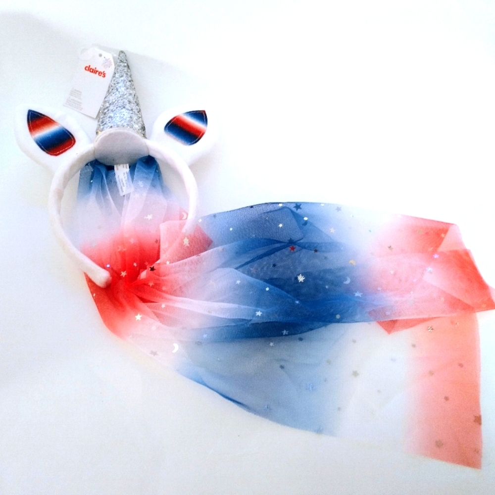Claire's Unicorn Headband Girls‎ Patriotic American Red White Blue Glitter Veil